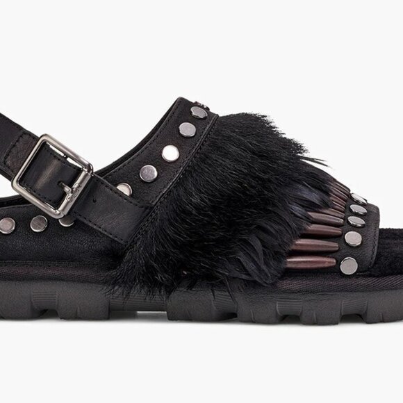 UGG-Black Studded Sheepskin/Leather/Fur-BIKER CHIC-Slingback Sandals-Sz 8.5-NEW - Picture 2 of 8